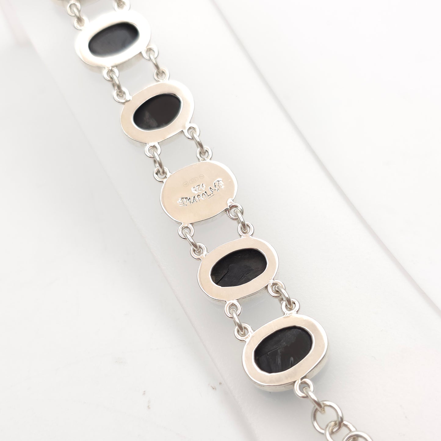 Sterling Silver Modern Oval Cabochon Whitby Jet Chain Link Bracelet With T-bar