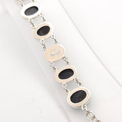 Sterling Silver Modern Oval Cabochon Whitby Jet Chain Link Bracelet With T-bar