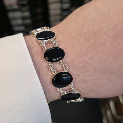 Sterling Silver Modern Oval Cabochon Whitby Jet Chain Link Bracelet With T-bar