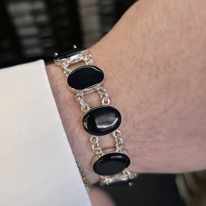 Sterling Silver Modern Oval Cabochon Whitby Jet Chain Link Bracelet With T-bar