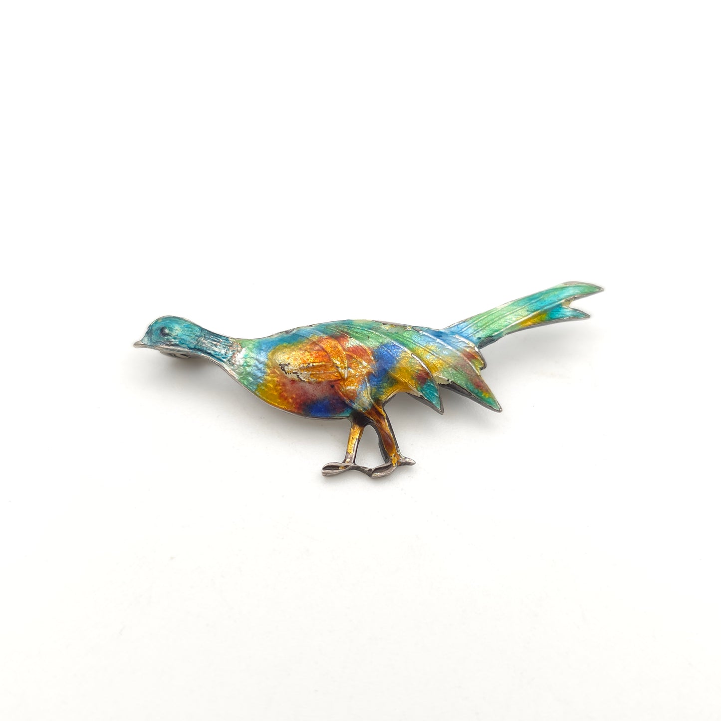 Sterling Silver Antique/Vintage Multicoloured Enamelled Pheasant Bird Brooch -AF