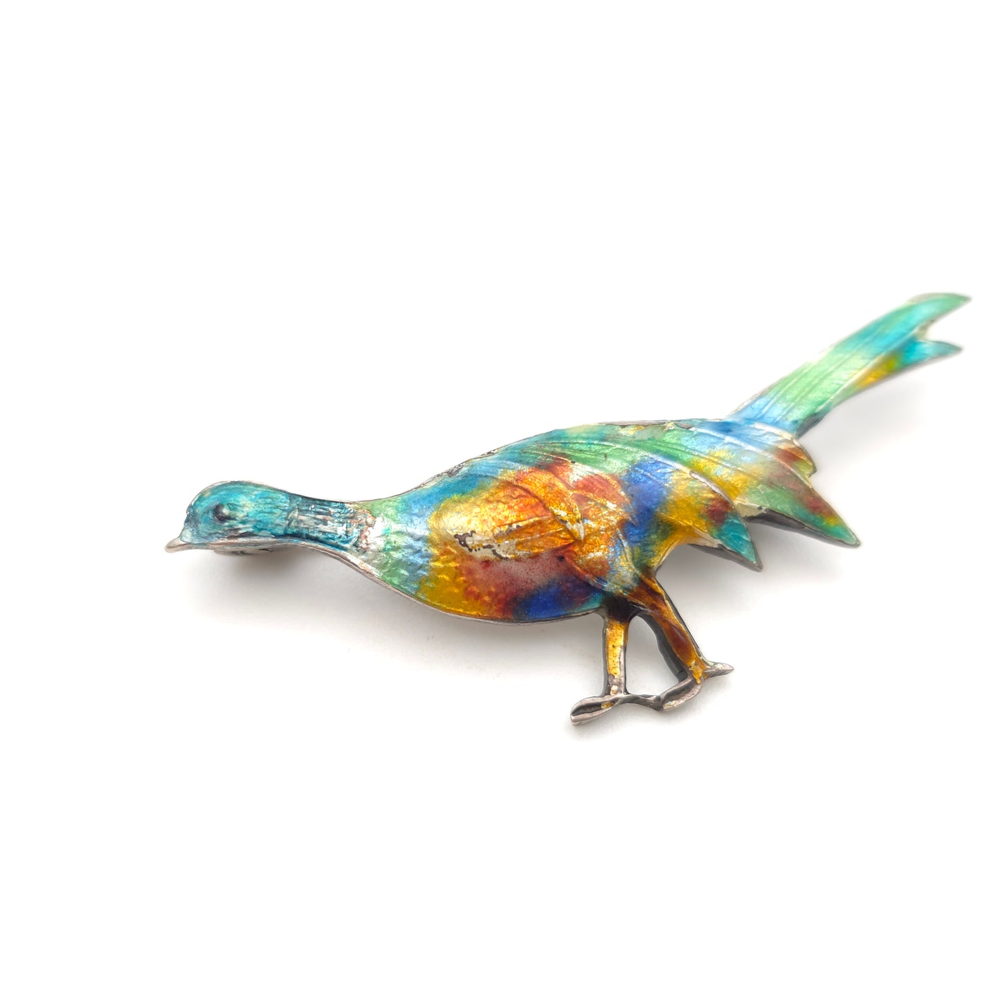 Sterling Silver Antique/Vintage Multicoloured Enamelled Pheasant Bird Brooch -AF