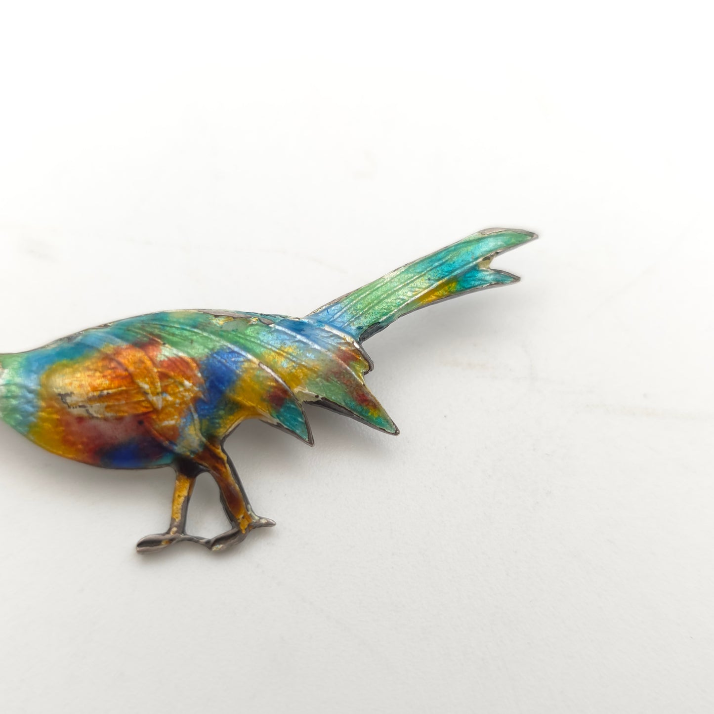Sterling Silver Antique/Vintage Multicoloured Enamelled Pheasant Bird Brooch -AF