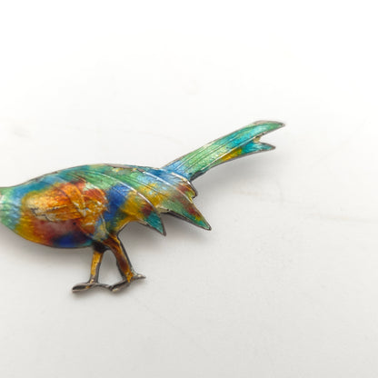 Sterling Silver Antique/Vintage Multicoloured Enamelled Pheasant Bird Brooch -AF