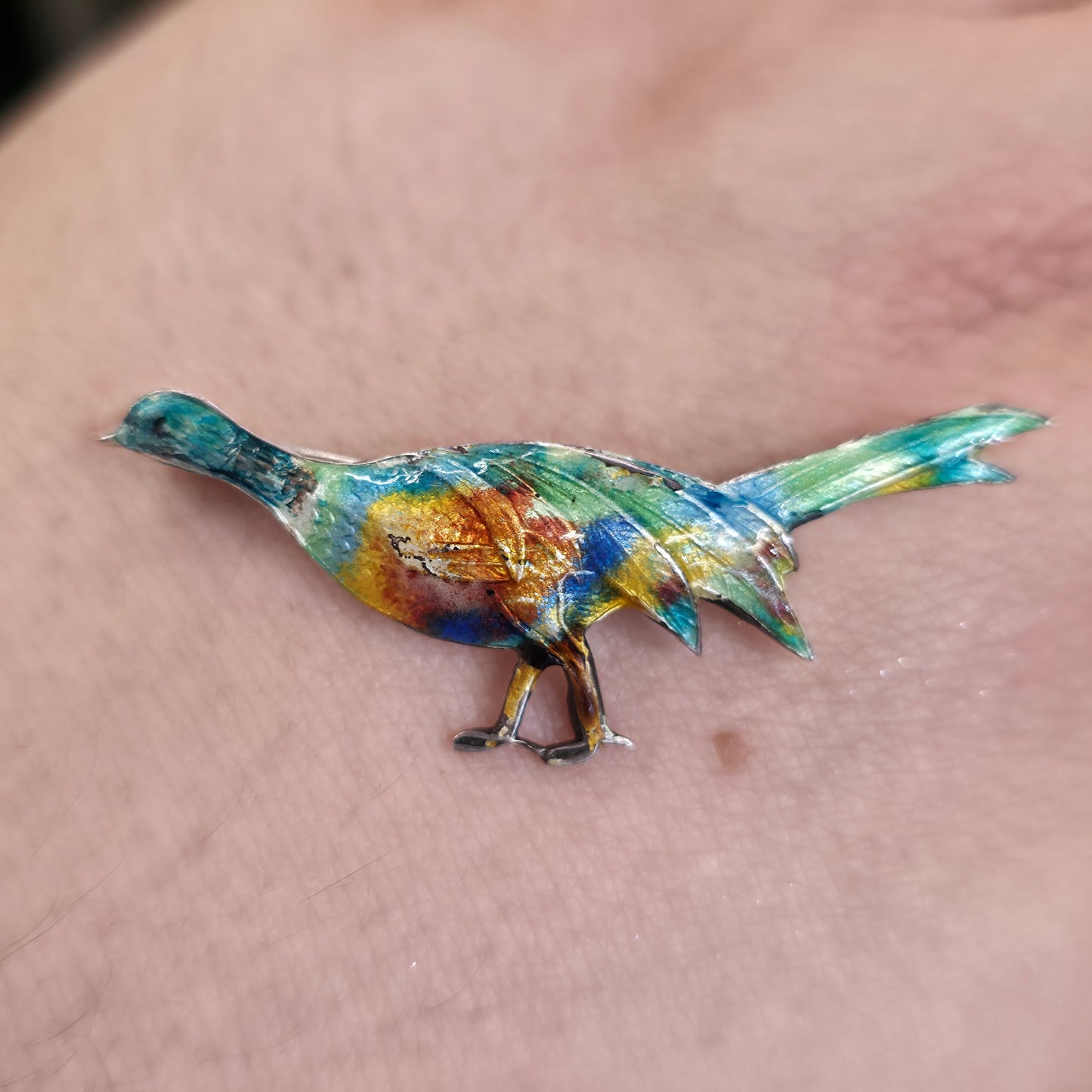 Sterling Silver Antique/Vintage Multicoloured Enamelled Pheasant Bird Brooch -AF
