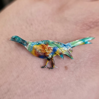Sterling Silver Antique/Vintage Multicoloured Enamelled Pheasant Bird Brooch -AF