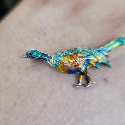 Sterling Silver Antique/Vintage Multicoloured Enamelled Pheasant Bird Brooch -AF