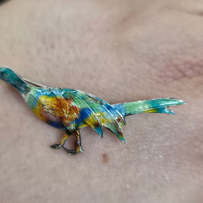 Sterling Silver Antique/Vintage Multicoloured Enamelled Pheasant Bird Brooch -AF