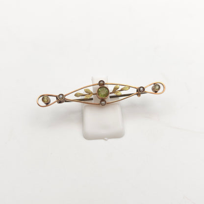 9ct Yellow Gold Antique / Vintage Peridot And Pearl Openwork Bar Brooch