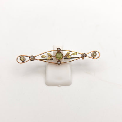 9ct Yellow Gold Antique / Vintage Peridot And Pearl Openwork Bar Brooch