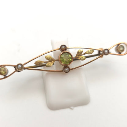 9ct Yellow Gold Antique / Vintage Peridot And Pearl Openwork Bar Brooch