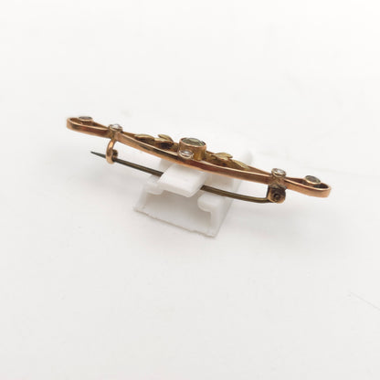 9ct Yellow Gold Antique / Vintage Peridot And Pearl Openwork Bar Brooch