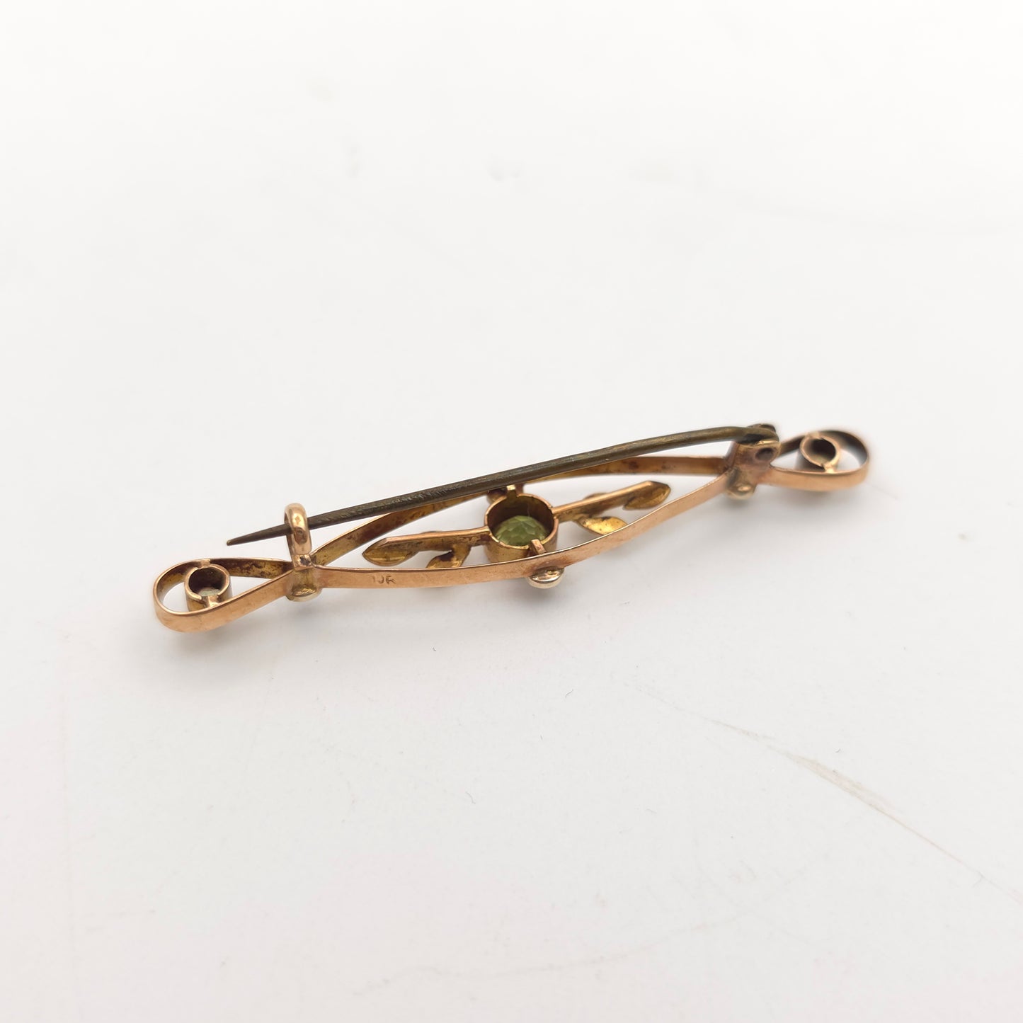 9ct Yellow Gold Antique / Vintage Peridot And Pearl Openwork Bar Brooch