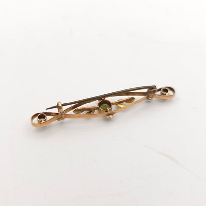 9ct Yellow Gold Antique / Vintage Peridot And Pearl Openwork Bar Brooch