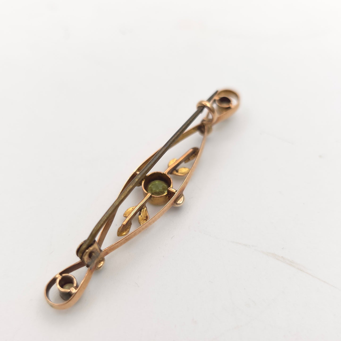 9ct Yellow Gold Antique / Vintage Peridot And Pearl Openwork Bar Brooch