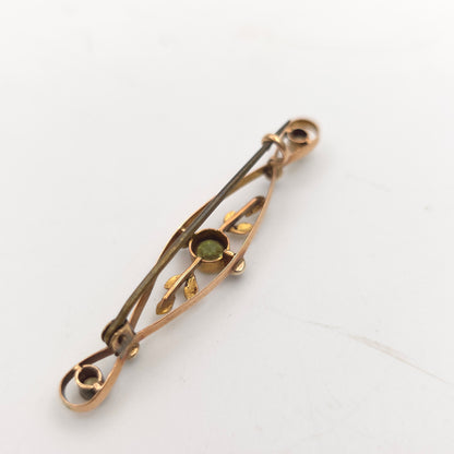 9ct Yellow Gold Antique / Vintage Peridot And Pearl Openwork Bar Brooch