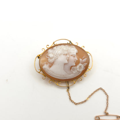 9ct Yellow Gold Antique / Vintage Two Ladies / Women Carved Cameo Brooch