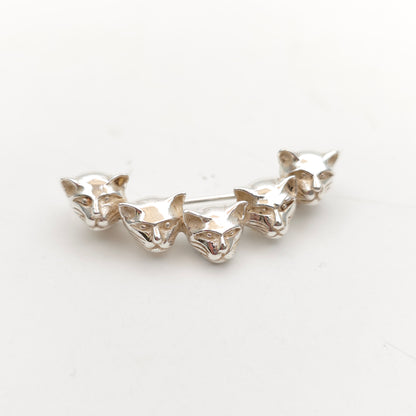 Sterling Silver Carved Multi Cat Head Crescent Bar Brooch