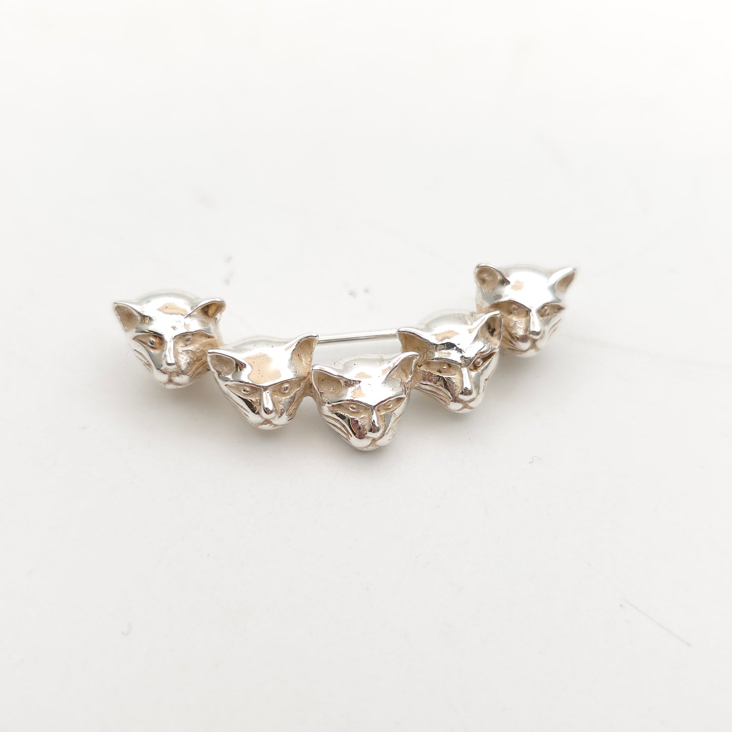 Sterling Silver Carved Multi Cat Head Crescent Bar Brooch