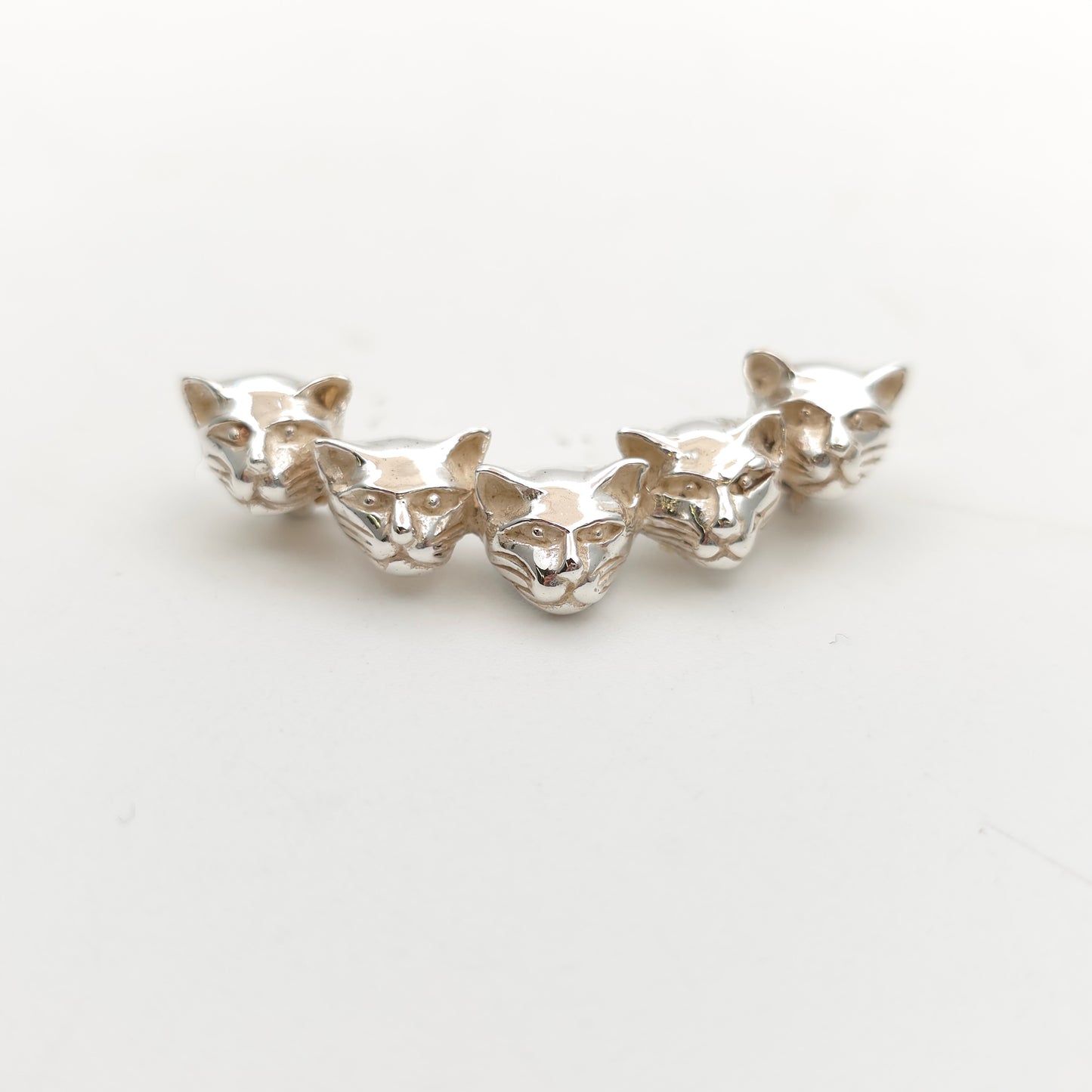 Sterling Silver Carved Multi Cat Head Crescent Bar Brooch