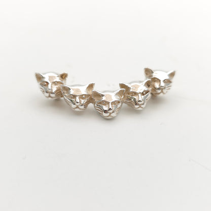 Sterling Silver Carved Multi Cat Head Crescent Bar Brooch