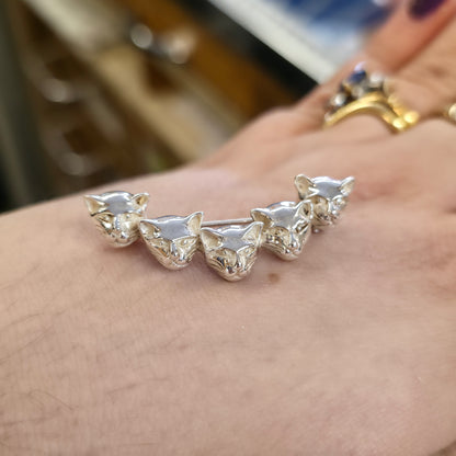 Sterling Silver Carved Multi Cat Head Crescent Bar Brooch