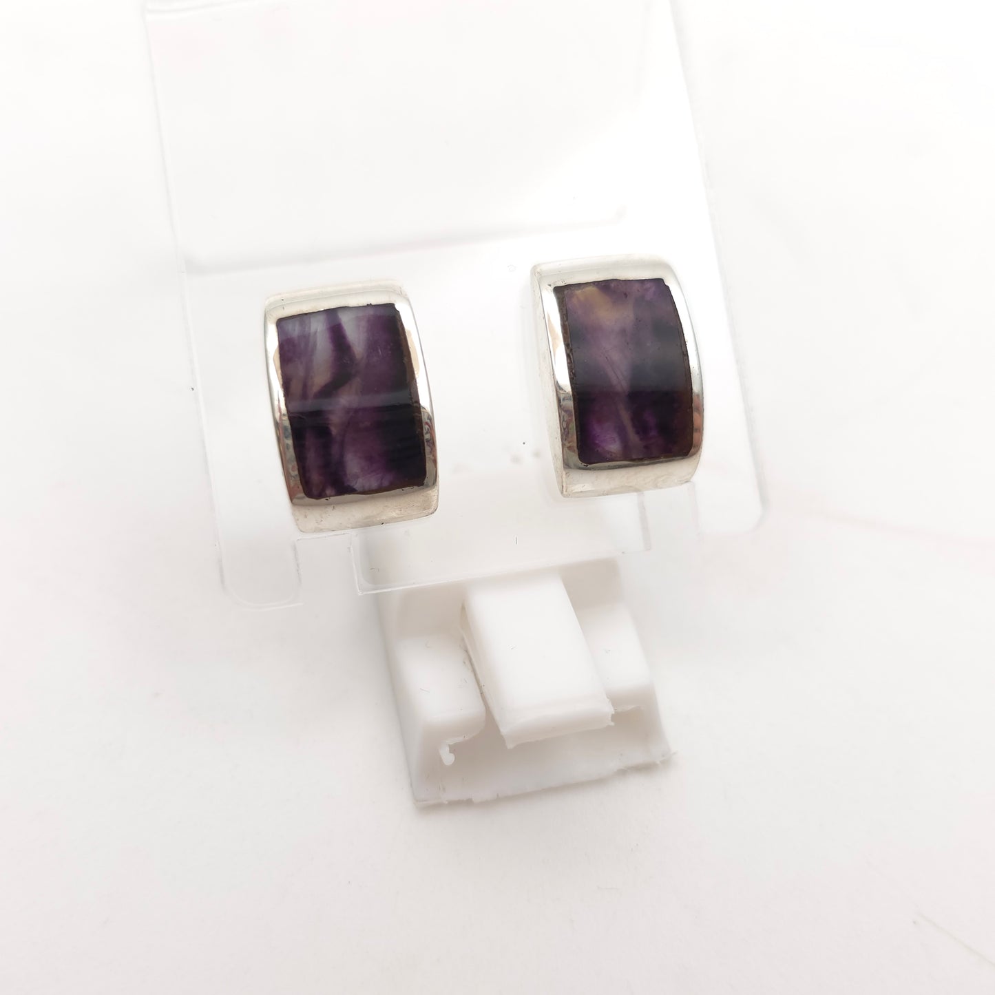 Sterling Silver Medium Chunky Domed Rectangular Blue John Panel Stud Earrings