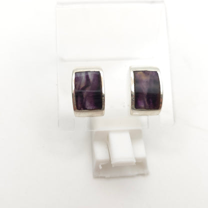 Sterling Silver Medium Chunky Domed Rectangular Blue John Panel Stud Earrings