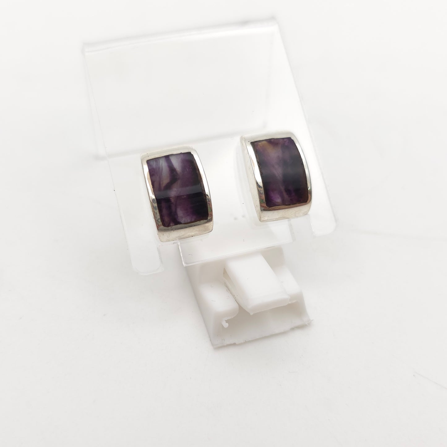 Sterling Silver Medium Chunky Domed Rectangular Blue John Panel Stud Earrings