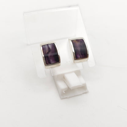 Sterling Silver Medium Chunky Domed Rectangular Blue John Panel Stud Earrings