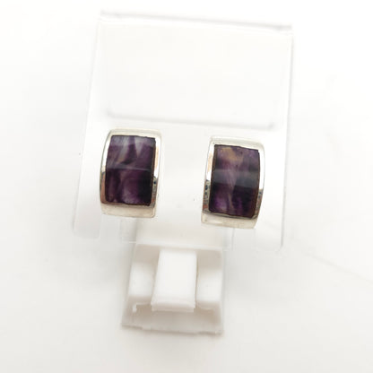 Sterling Silver Medium Chunky Domed Rectangular Blue John Panel Stud Earrings