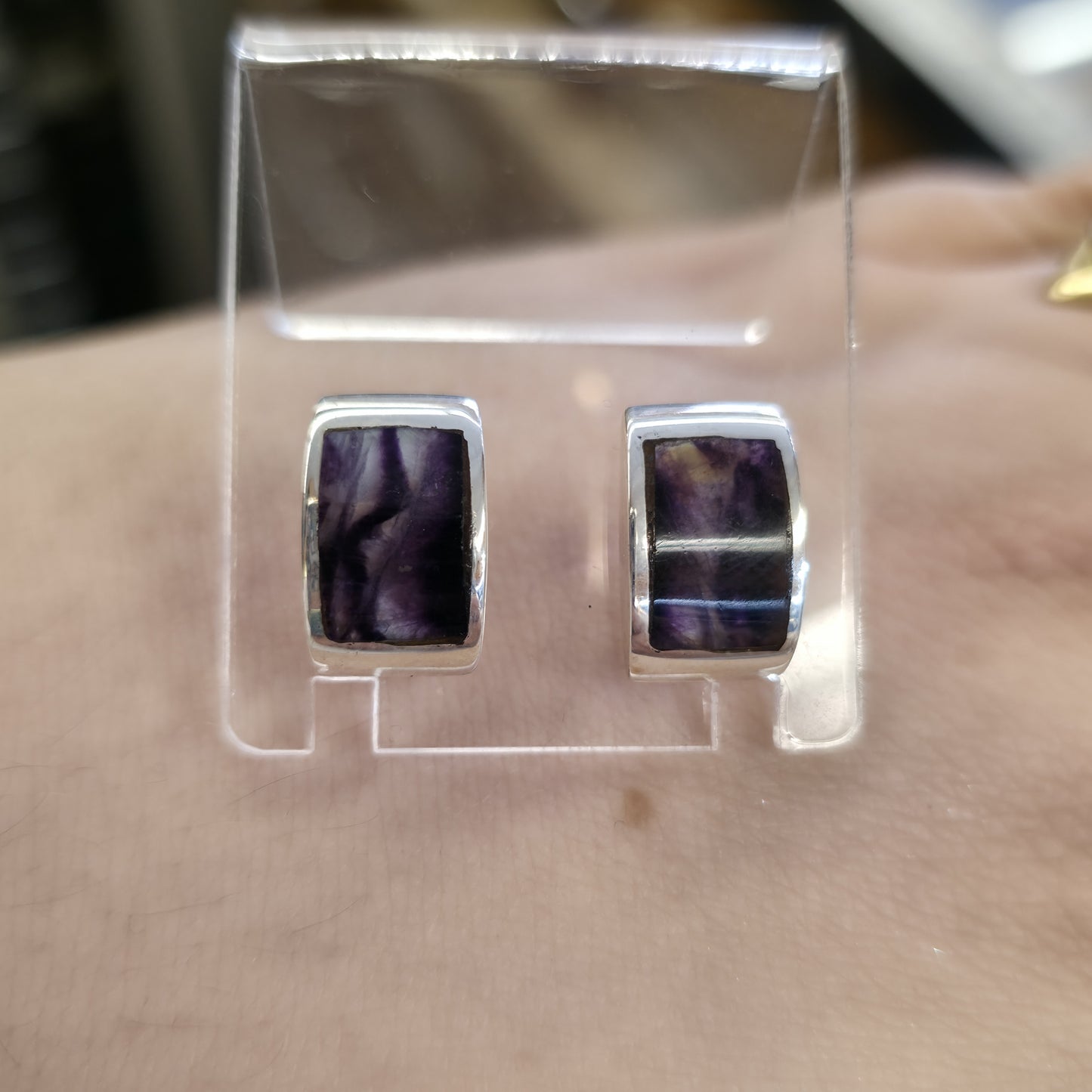 Sterling Silver Medium Chunky Domed Rectangular Blue John Panel Stud Earrings