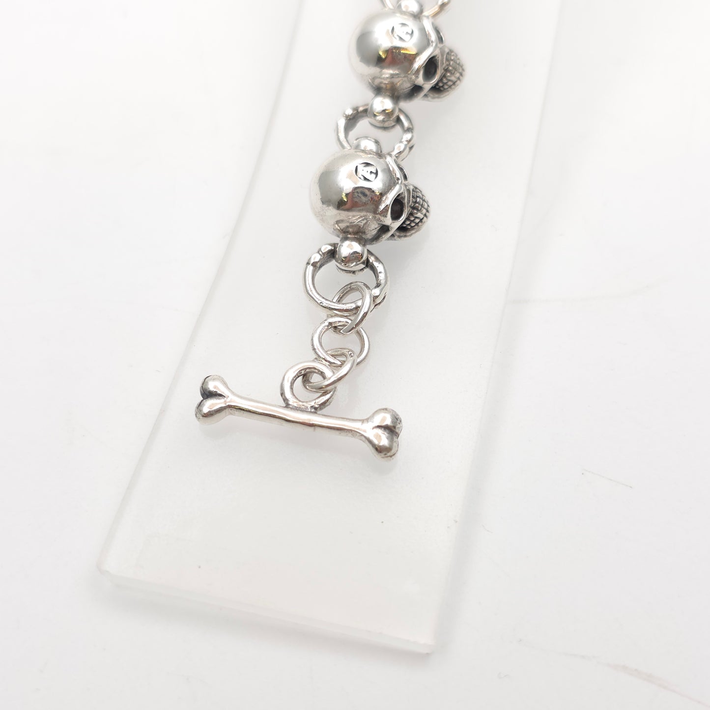 Sterling Silver Heavy Chunky Skull Link T-Bar Bracelet