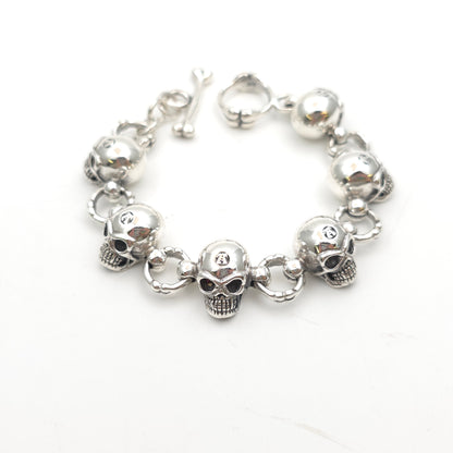 Sterling Silver Heavy Chunky Skull Link T-Bar Bracelet