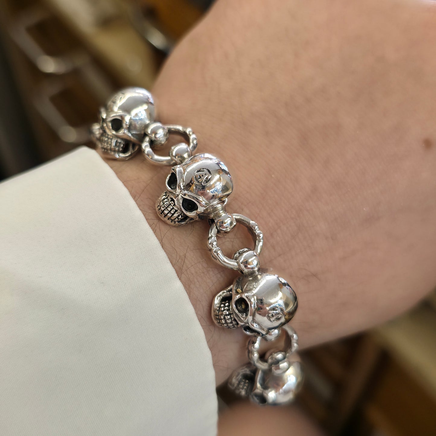 Sterling Silver Heavy Chunky Skull Link T-Bar Bracelet