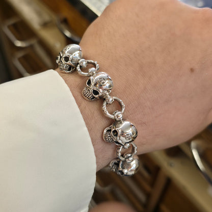 Sterling Silver Heavy Chunky Skull Link T-Bar Bracelet
