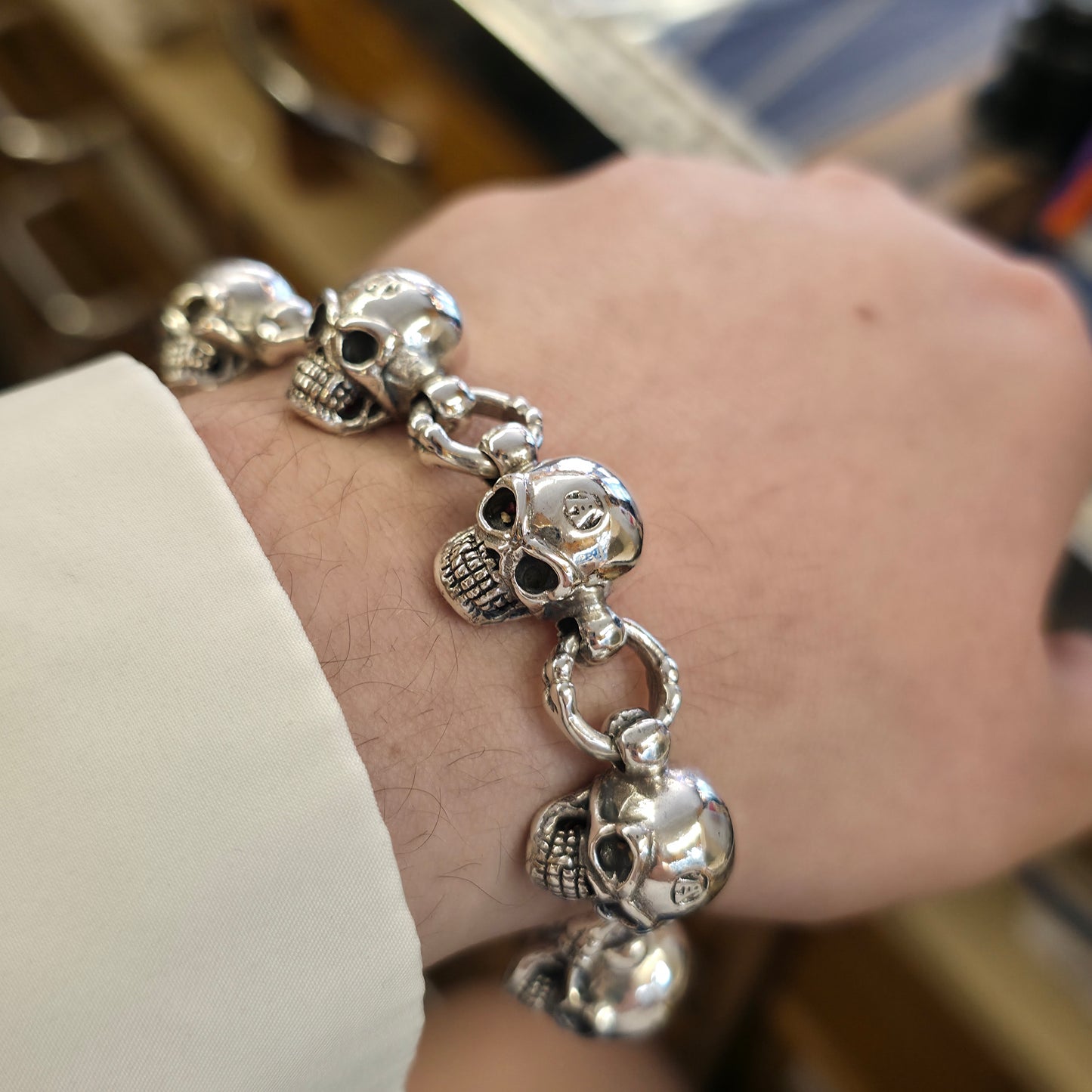 Sterling Silver Heavy Chunky Skull Link T-Bar Bracelet