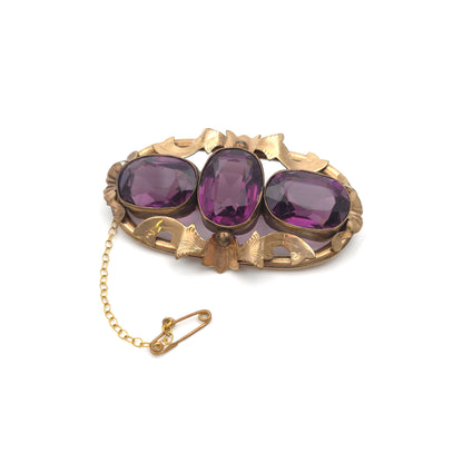 Extra Large Antique Pinchback Purple Oval Cut Paste Stone Brooch