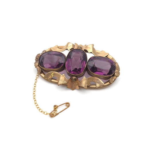Extra Large Antique Pinchback Purple Oval Cut Paste Stone Brooch