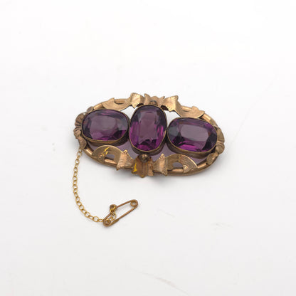 Extra Large Antique Pinchback Purple Oval Cut Paste Stone Brooch