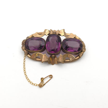 Extra Large Antique Pinchback Purple Oval Cut Paste Stone Brooch