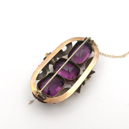 Extra Large Antique Pinchback Purple Oval Cut Paste Stone Brooch