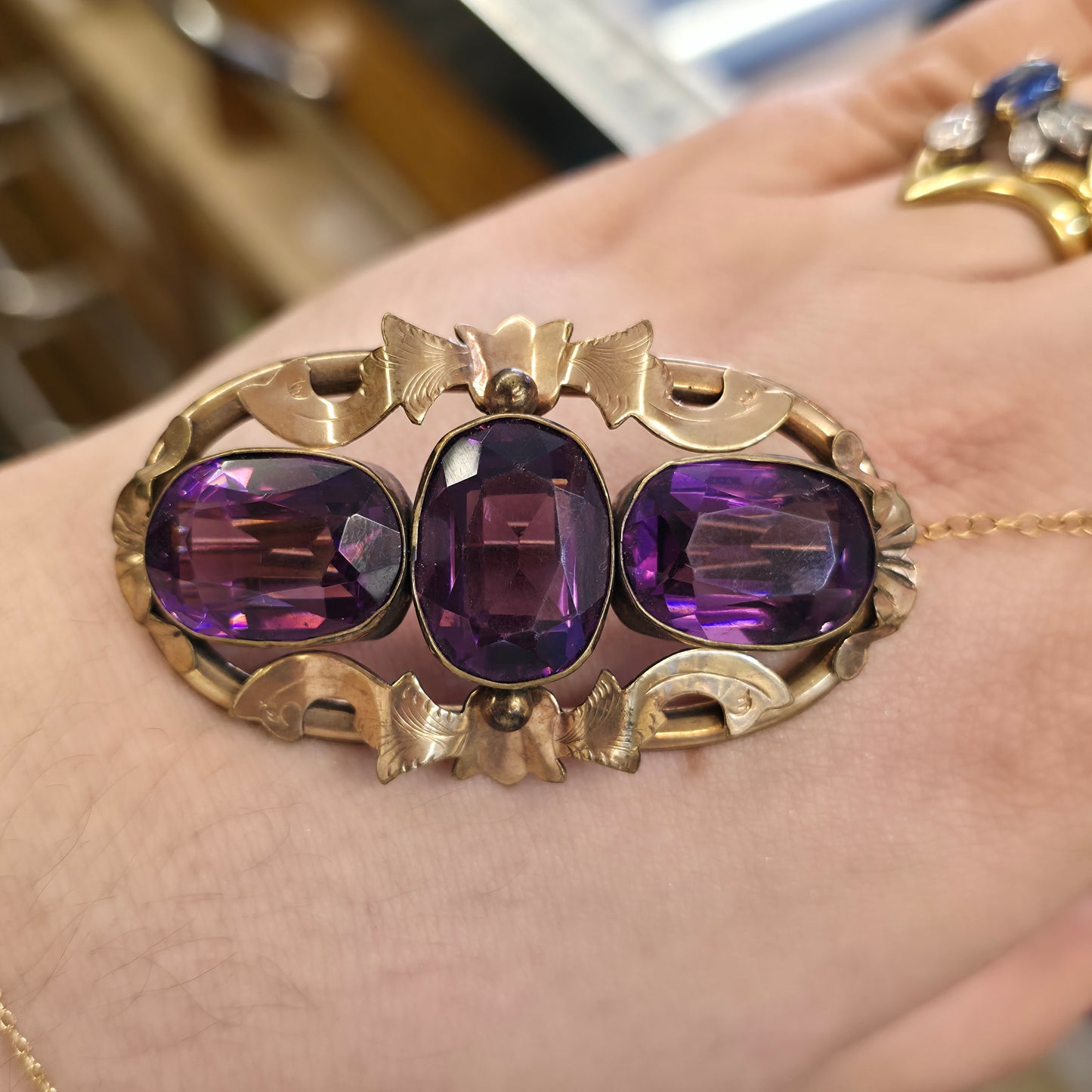 Extra Large Antique Pinchback Purple Oval Cut Paste Stone Brooch