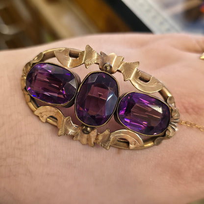 Extra Large Antique Pinchback Purple Oval Cut Paste Stone Brooch