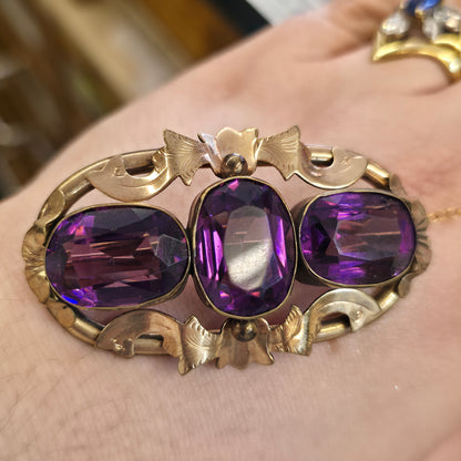 Extra Large Antique Pinchback Purple Oval Cut Paste Stone Brooch