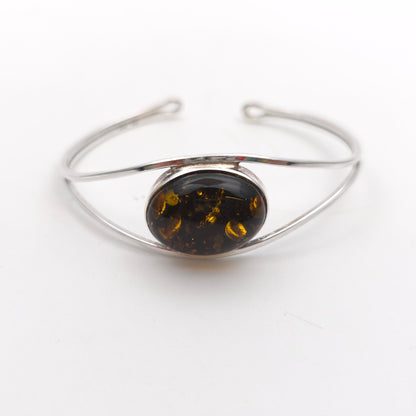 Sterling Silver Large Oval Amber Cabochon Set Openwork Bangle