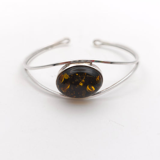 Sterling Silver Large Oval Amber Cabochon Set Openwork Bangle