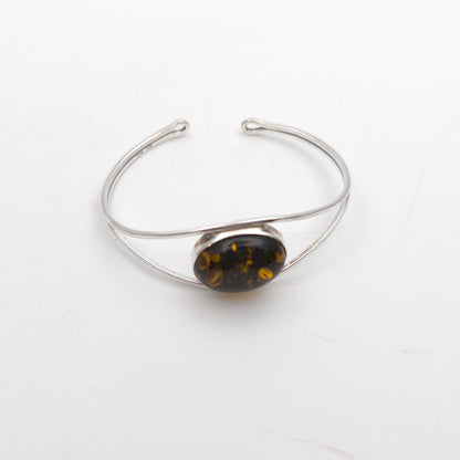 Sterling Silver Large Oval Amber Cabochon Set Openwork Bangle