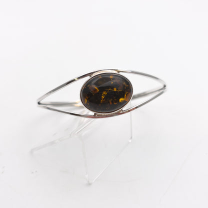 Sterling Silver Large Oval Amber Cabochon Set Openwork Bangle