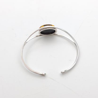 Sterling Silver Large Oval Amber Cabochon Set Openwork Bangle